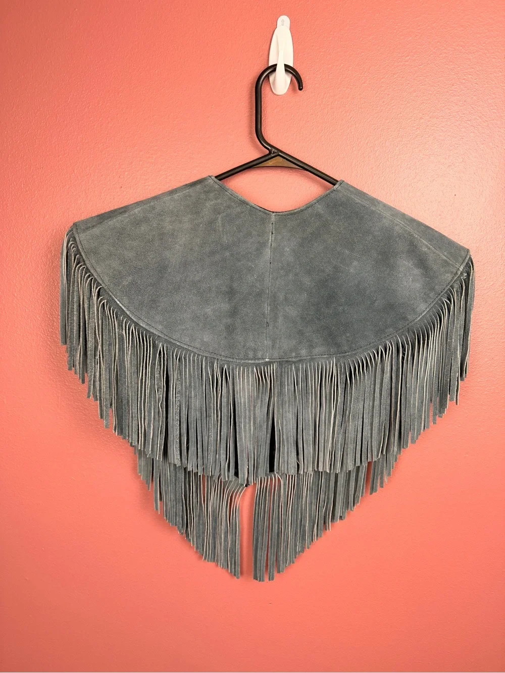 Vintage Ben Kalton Fringed Suede Shawl Collar Slate Gray Blue One Size Buttoned